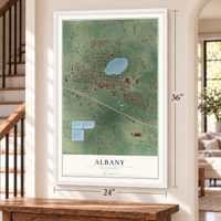 Albany, Minnesota map, 24 x 36 inch print in a white frame by a staircase