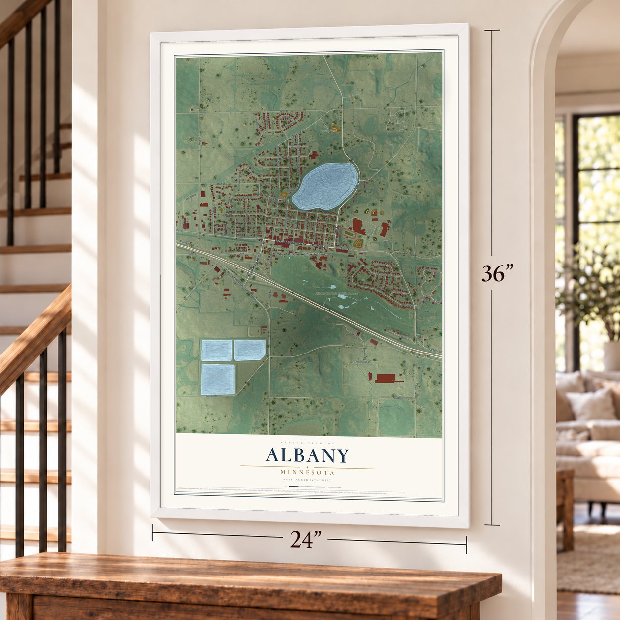 Albany, Minnesota map, 24 x 36 inch print in a white frame by a staircase