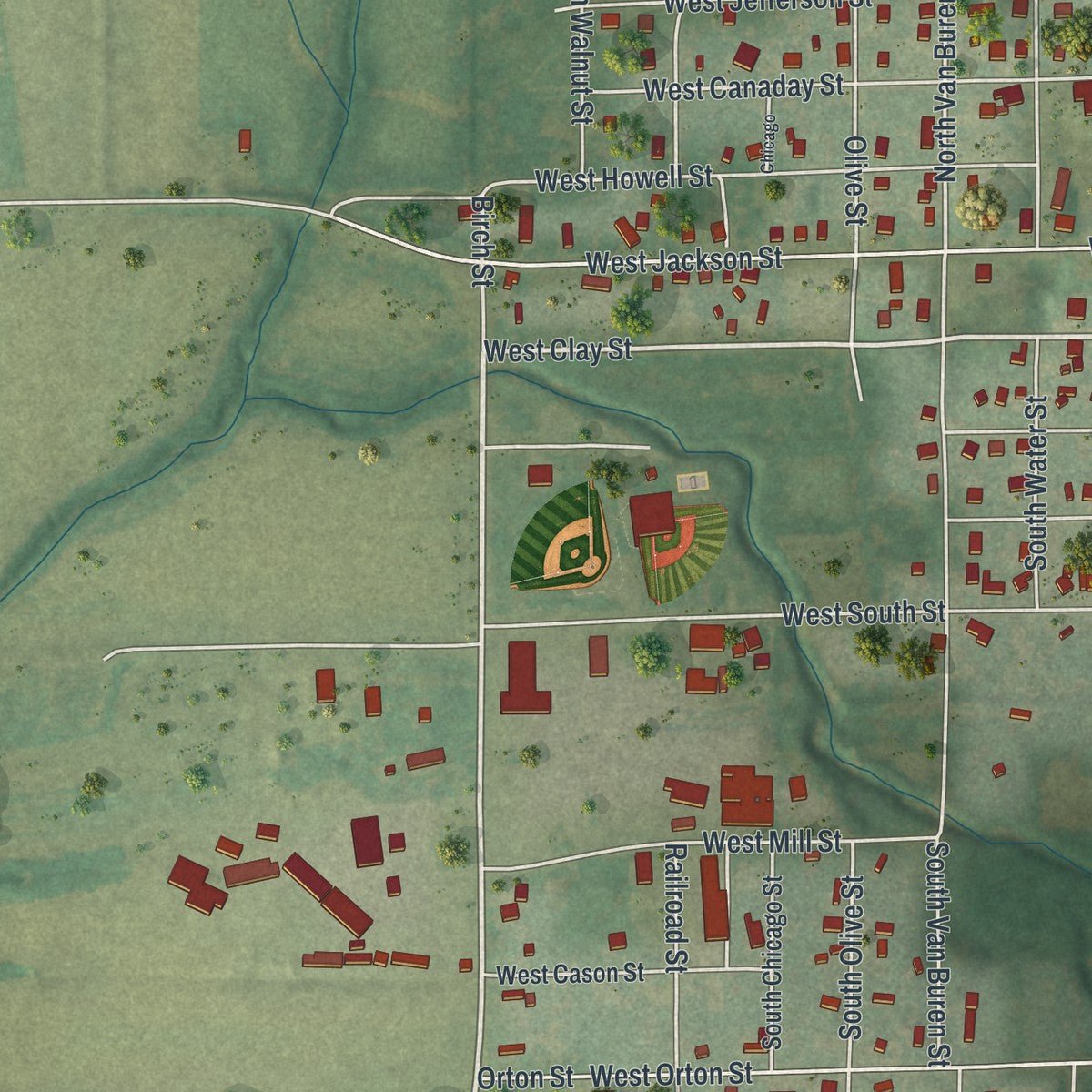 Second close-up of the map of Albany, Missouri print showing more streets and buildings