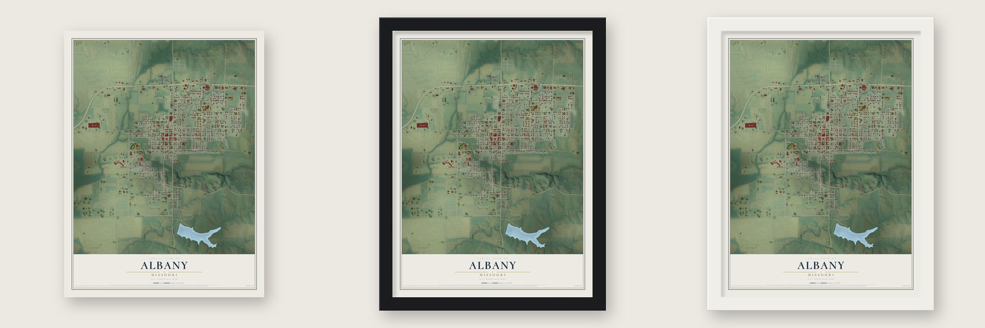 Albany, Missouri map unframed, in a black wood frame and in a white wood frame