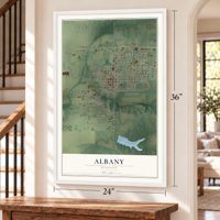 Albany, Missouri map, 24 x 36 inch print in a white frame by a staircase
