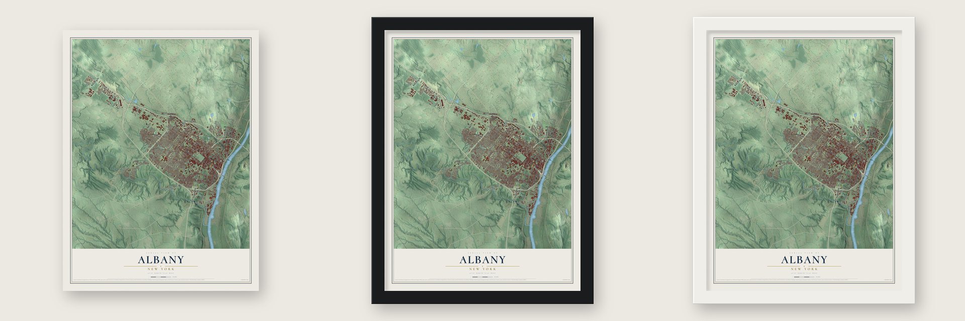 Albany, New York map unframed, in a black wood frame and in a white wood frame