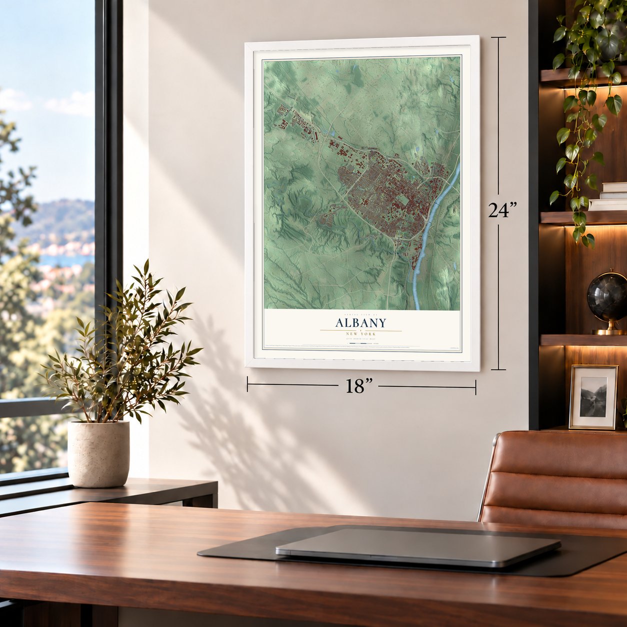 Albany, New York map, 18 x 24 inch print in a white frame in a home office