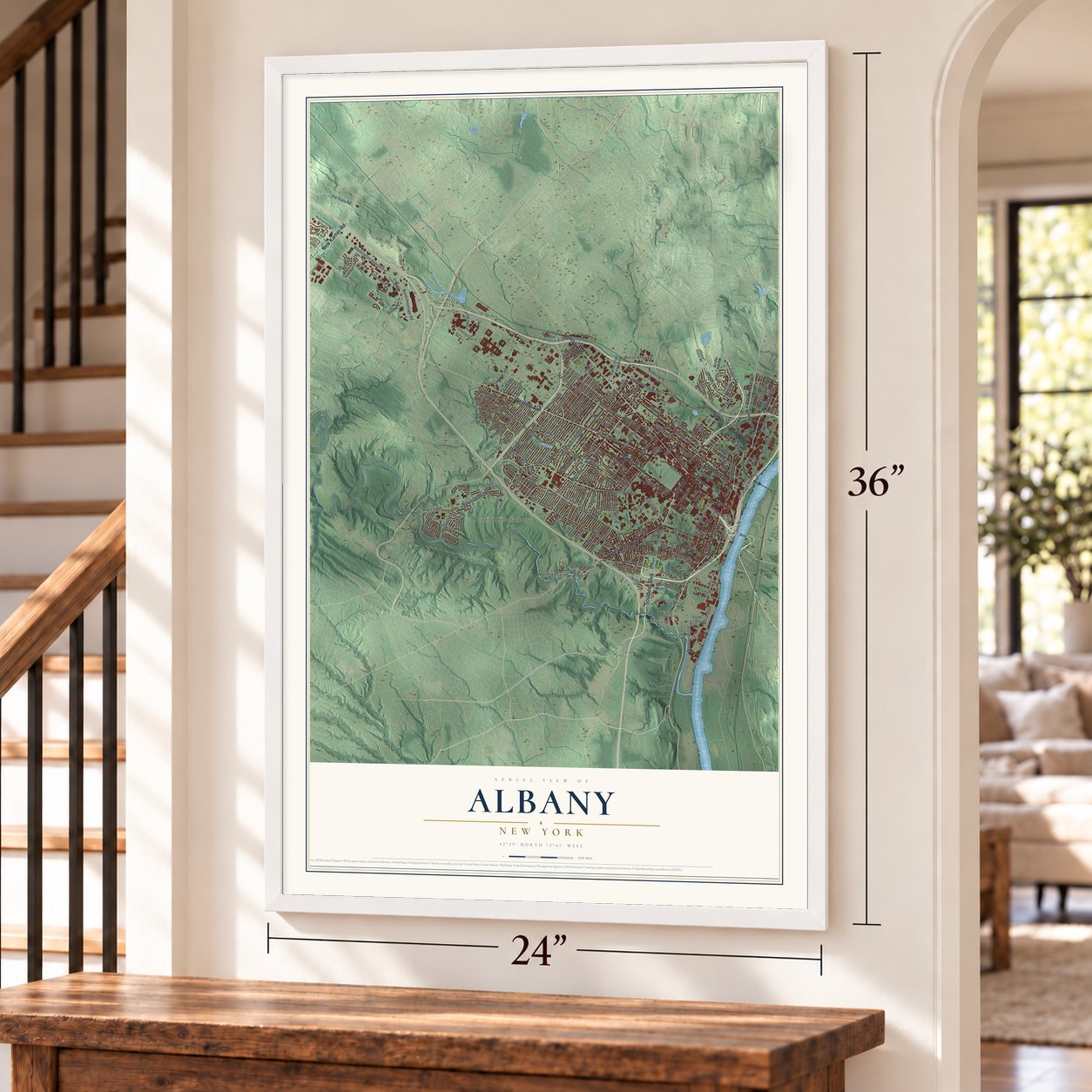 Albany, New York map, 24 x 36 inch print in a white frame by a staircase
