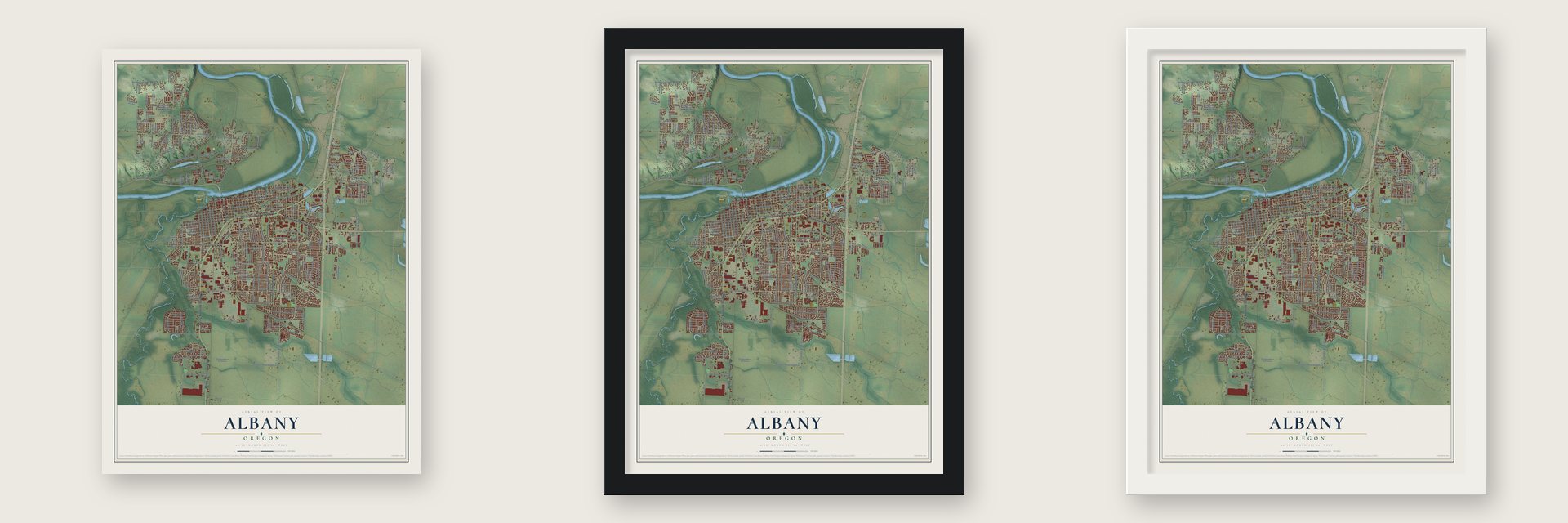 Albany, Oregon map unframed, in a black wood frame and in a white wood frame