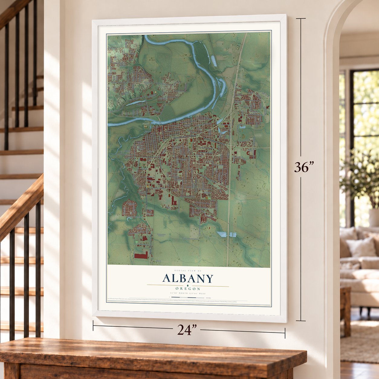 Albany, Oregon map, 24 x 36 inch print in a white frame by a staircase