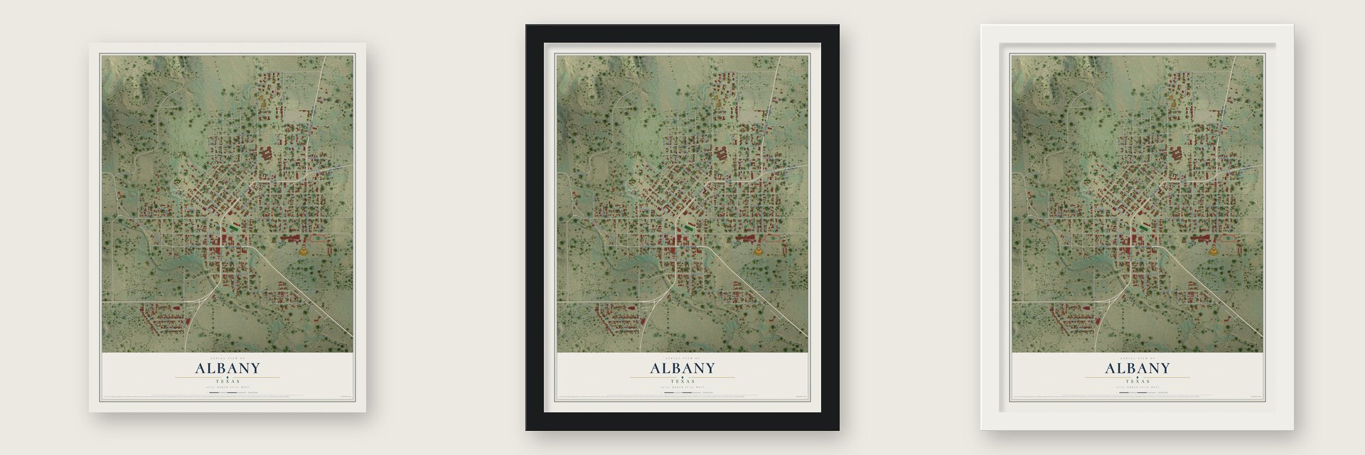 Albany, Texas map unframed, in a black wood frame and in a white wood frame