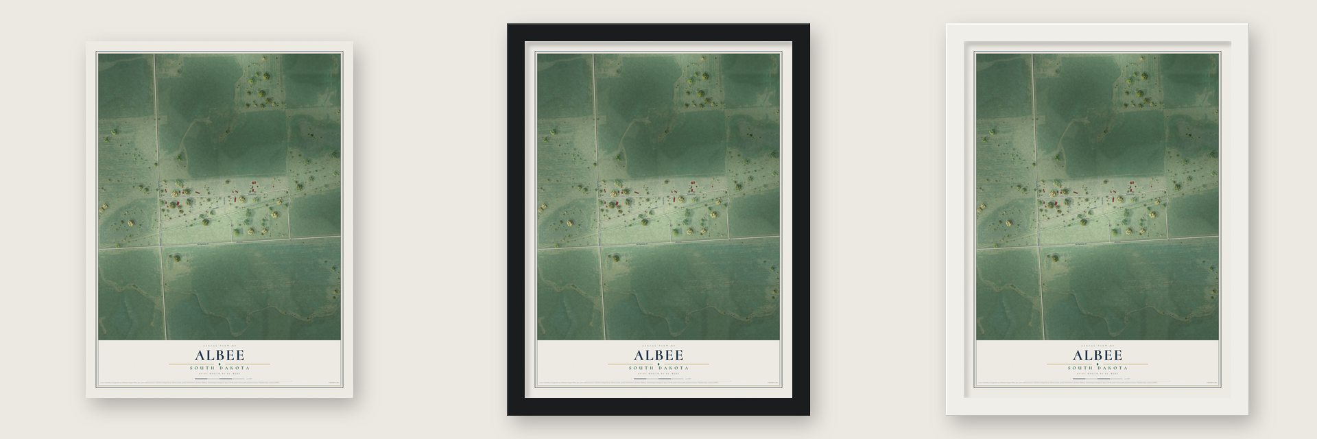 Albee, South Dakota map unframed, in a black wood frame and in a white wood frame