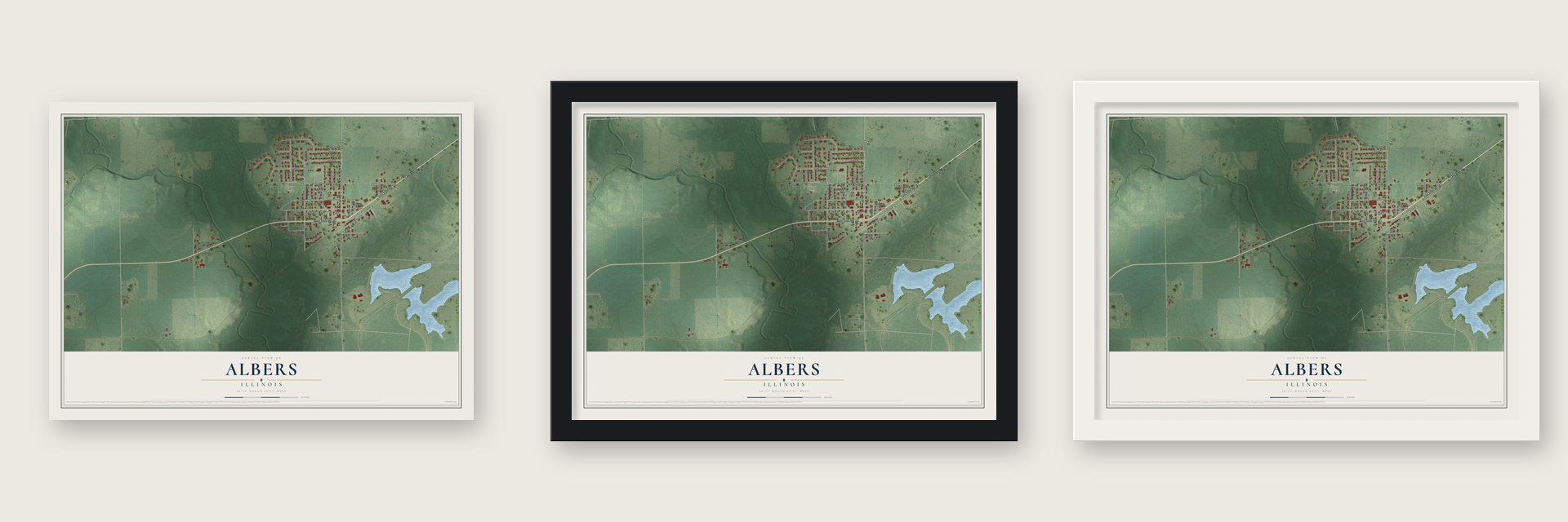 Albers, Illinois map unframed, in a black wood frame and in a white wood frame