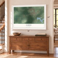 Albers, Illinois map, 24 x 36 inch print in a white frame above a dresser by a staircase