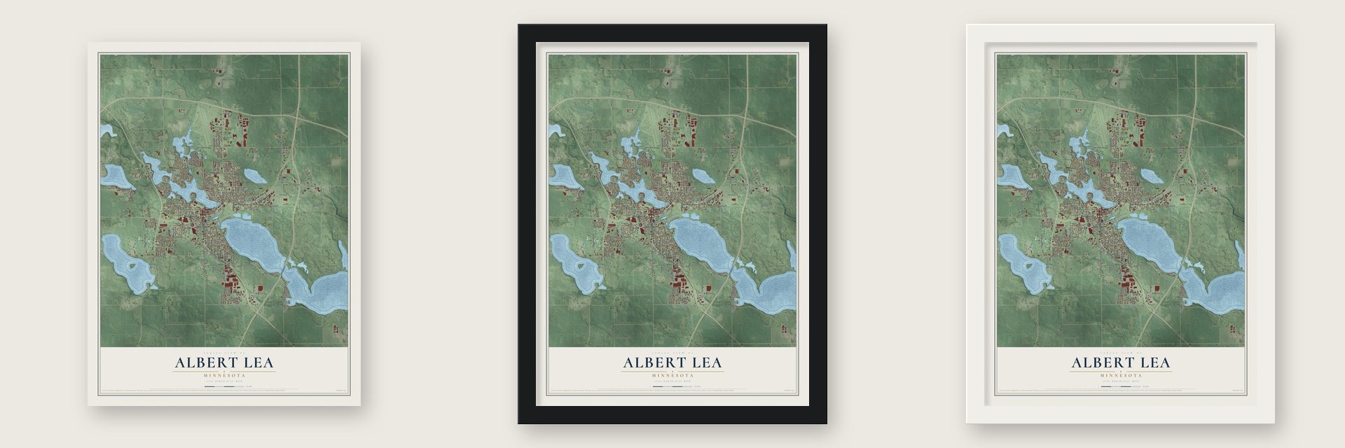 Albert Lea, Minnesota map unframed, in a black wood frame and in a white wood frame