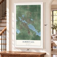 Albert Lea, Minnesota map, 24 x 36 inch print in a white frame by a staircase