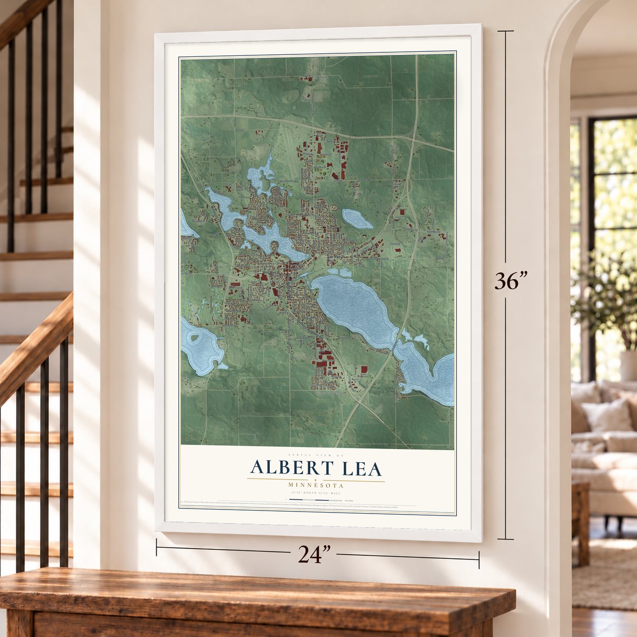 Albert Lea, Minnesota map, 24 x 36 inch print in a white frame by a staircase