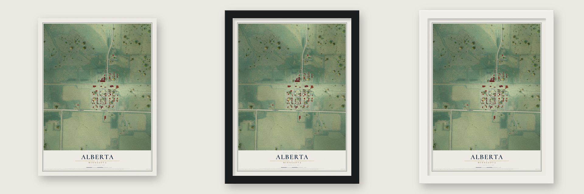 Alberta, Minnesota map unframed, in a black wood frame and in a white wood frame