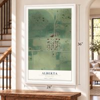 Alberta, Minnesota map, 24 x 36 inch print in a white frame by a staircase