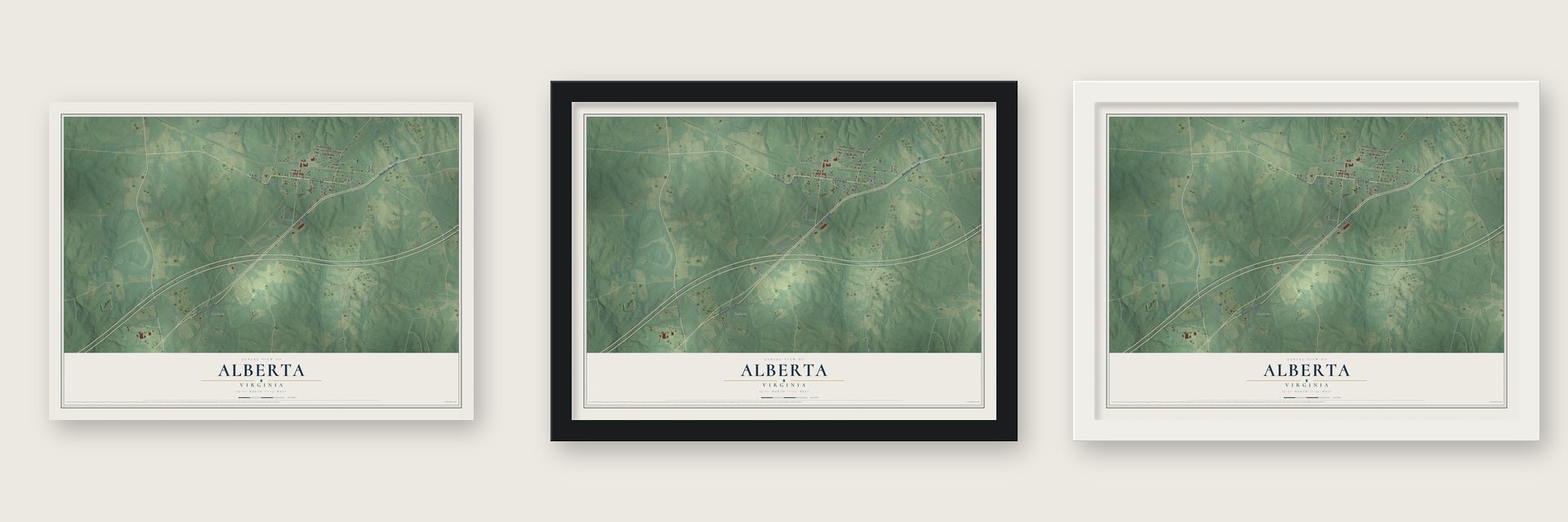 Alberta, Virginia map unframed, in a black wood frame and in a white wood frame