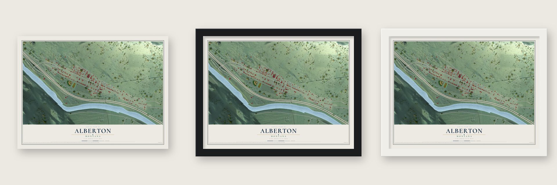 Alberton, Montana map unframed, in a black wood frame and in a white wood frame