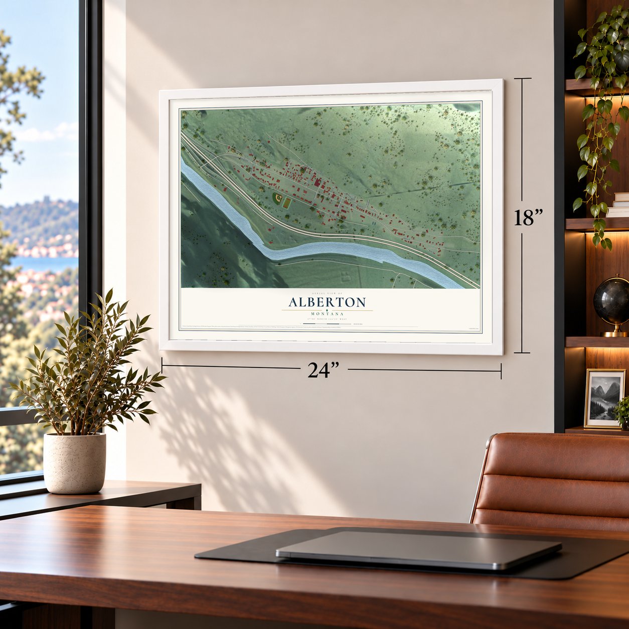 Alberton, Montana map, 18 x 24 inch print in a white frame in a home office