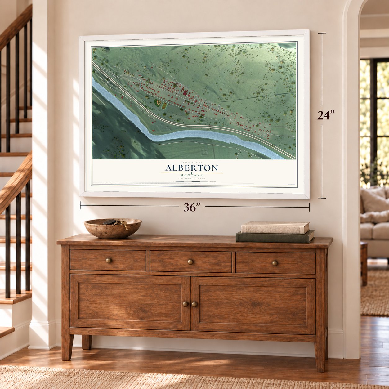 Alberton, Montana map, 24 x 36 inch print in a white frame above a dresser by a staircase