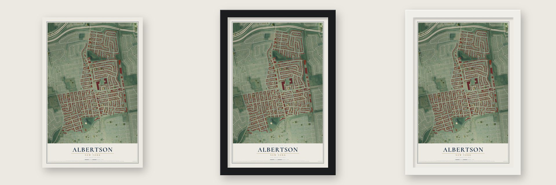 Albertson, New York map unframed, in a black wood frame and in a white wood frame