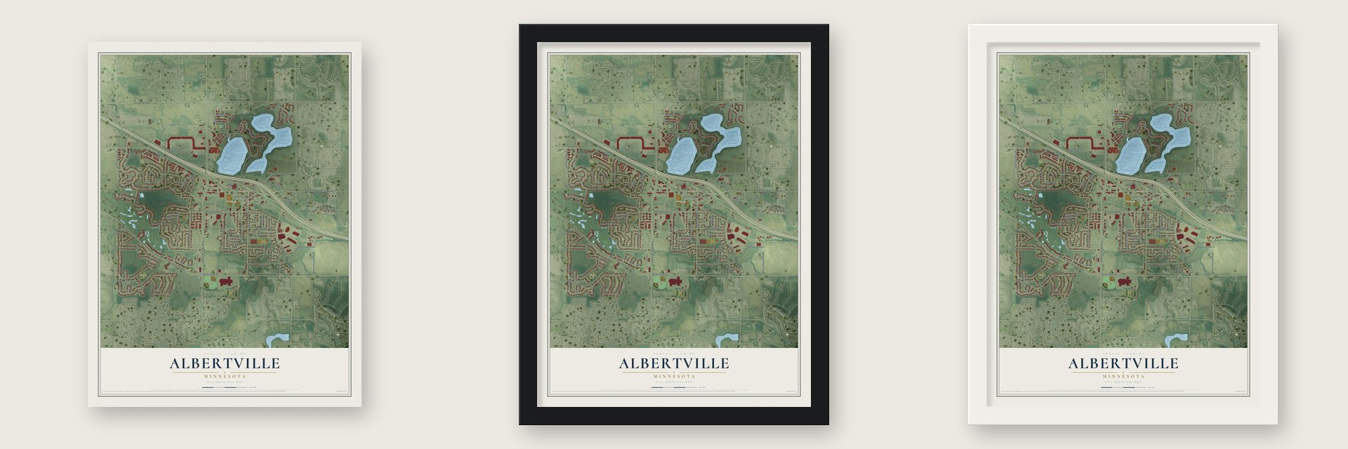 Albertville, Minnesota map unframed, in a black wood frame and in a white wood frame