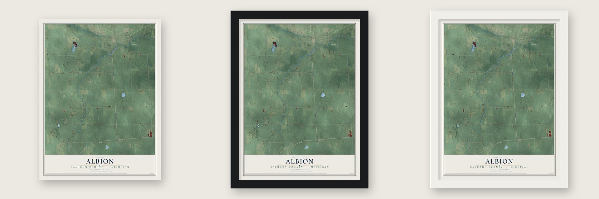 Albion, Calhoun County, Michigan map unframed, in a black wood frame and in a white wood frame