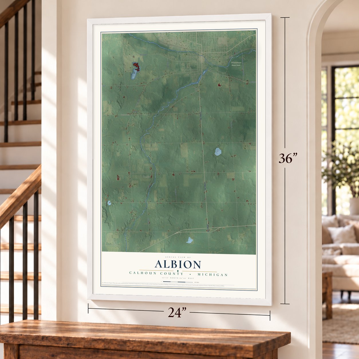 Albion, Calhoun County, Michigan map, 24 x 36 inch print in a white frame by a staircase