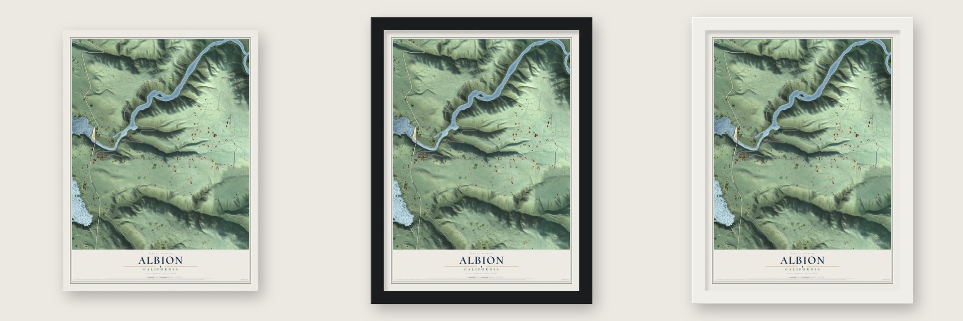 Albion, California map unframed, in a black wood frame and in a white wood frame