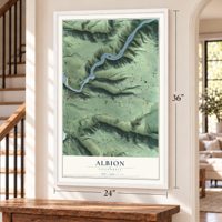 Albion, California map, 24 x 36 inch print in a white frame by a staircase