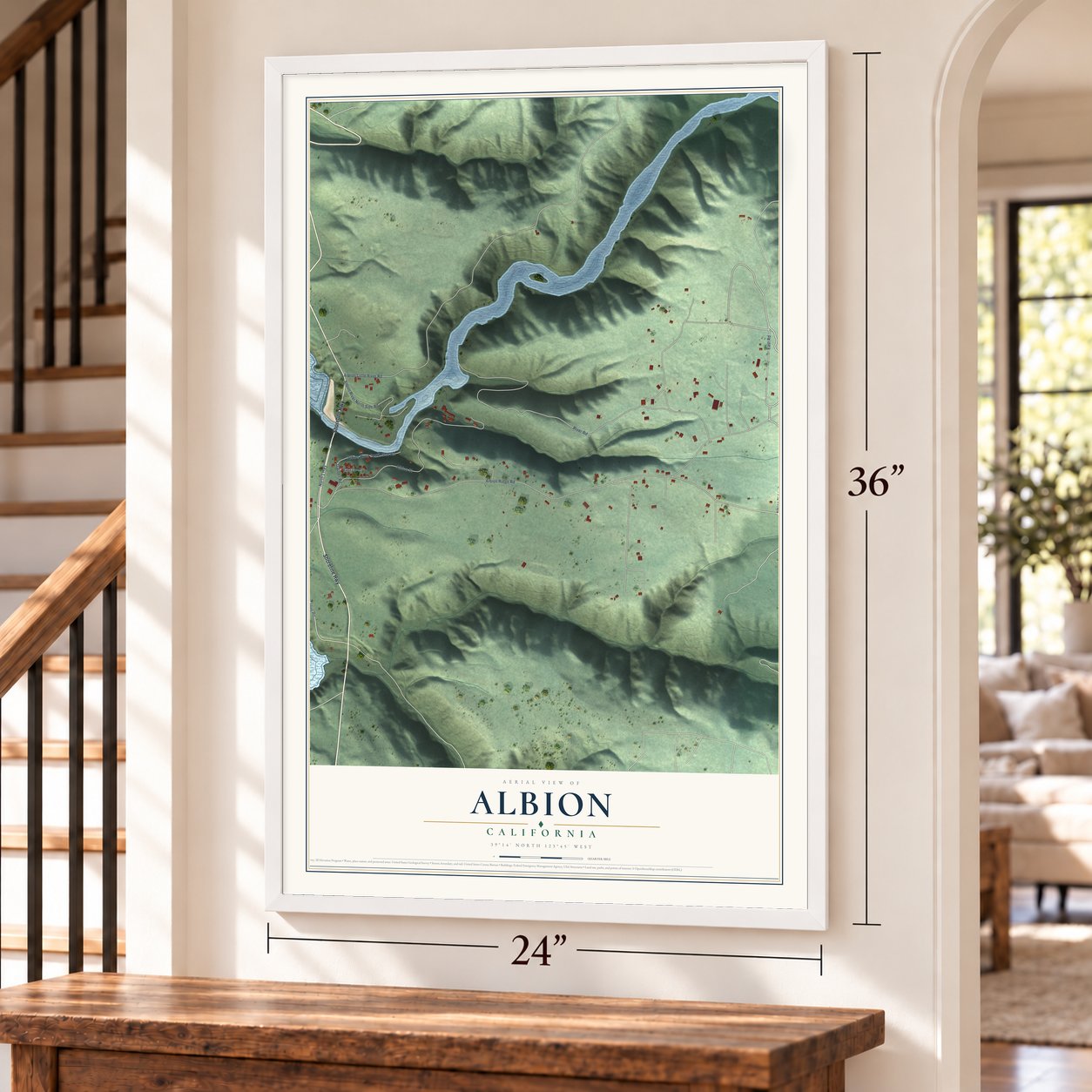 Albion, California map, 24 x 36 inch print in a white frame by a staircase