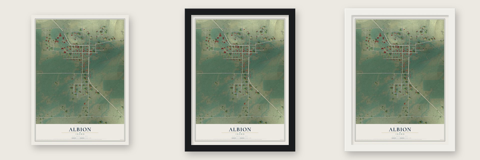 Albion, Idaho map unframed, in a black wood frame and in a white wood frame