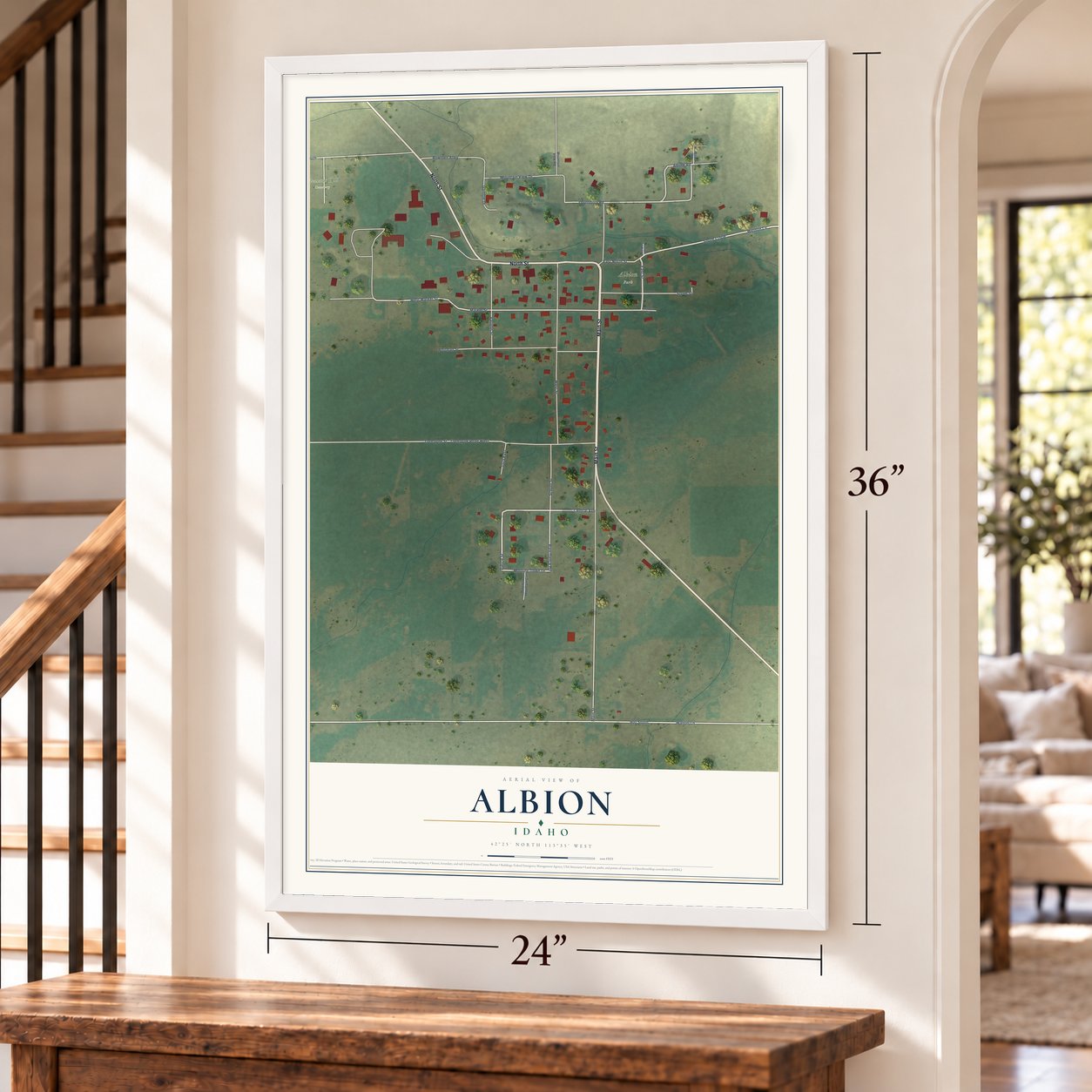 Albion, Idaho map, 24 x 36 inch print in a white frame by a staircase