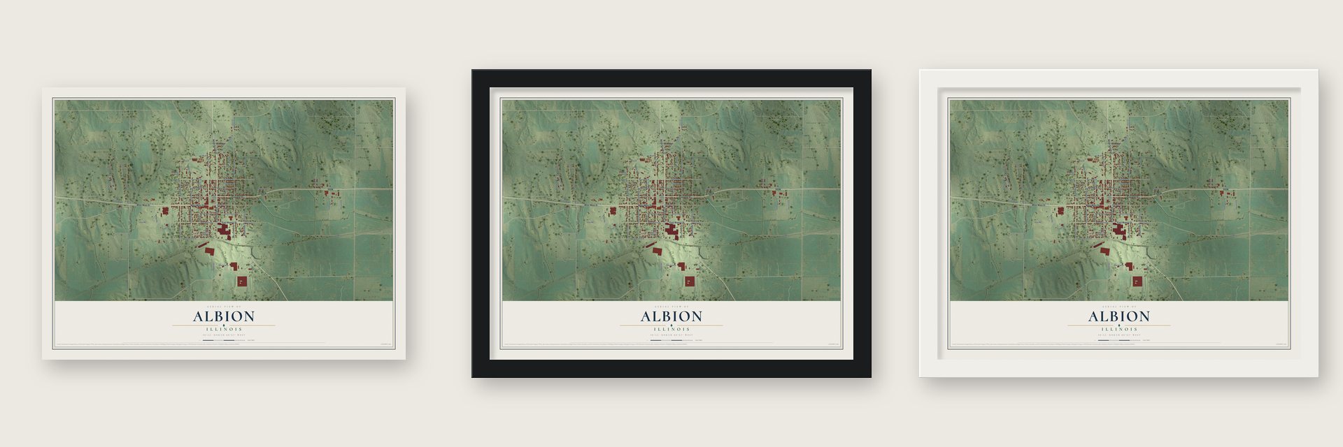 Albion, Illinois map unframed, in a black wood frame and in a white wood frame