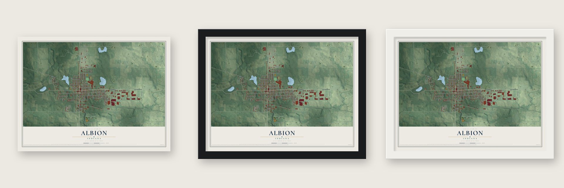 Albion, Indiana map unframed, in a black wood frame and in a white wood frame
