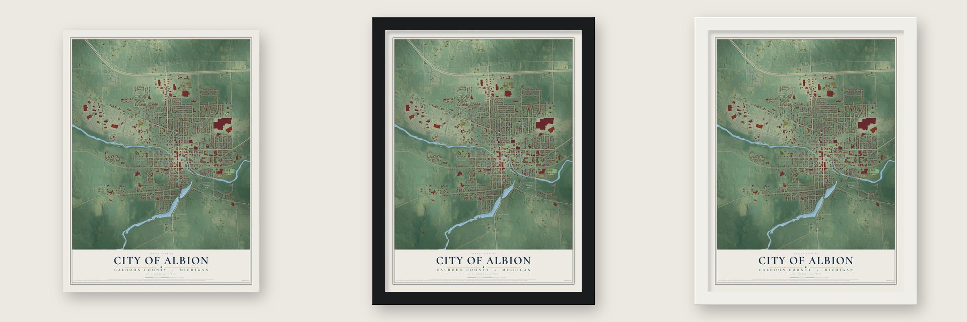 Albion, Michigan map unframed, in a black wood frame and in a white wood frame