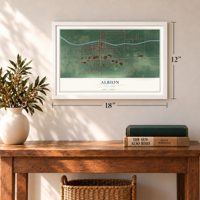 Albion, New York map, 12 x 18 inch print in a white frame in an entryway