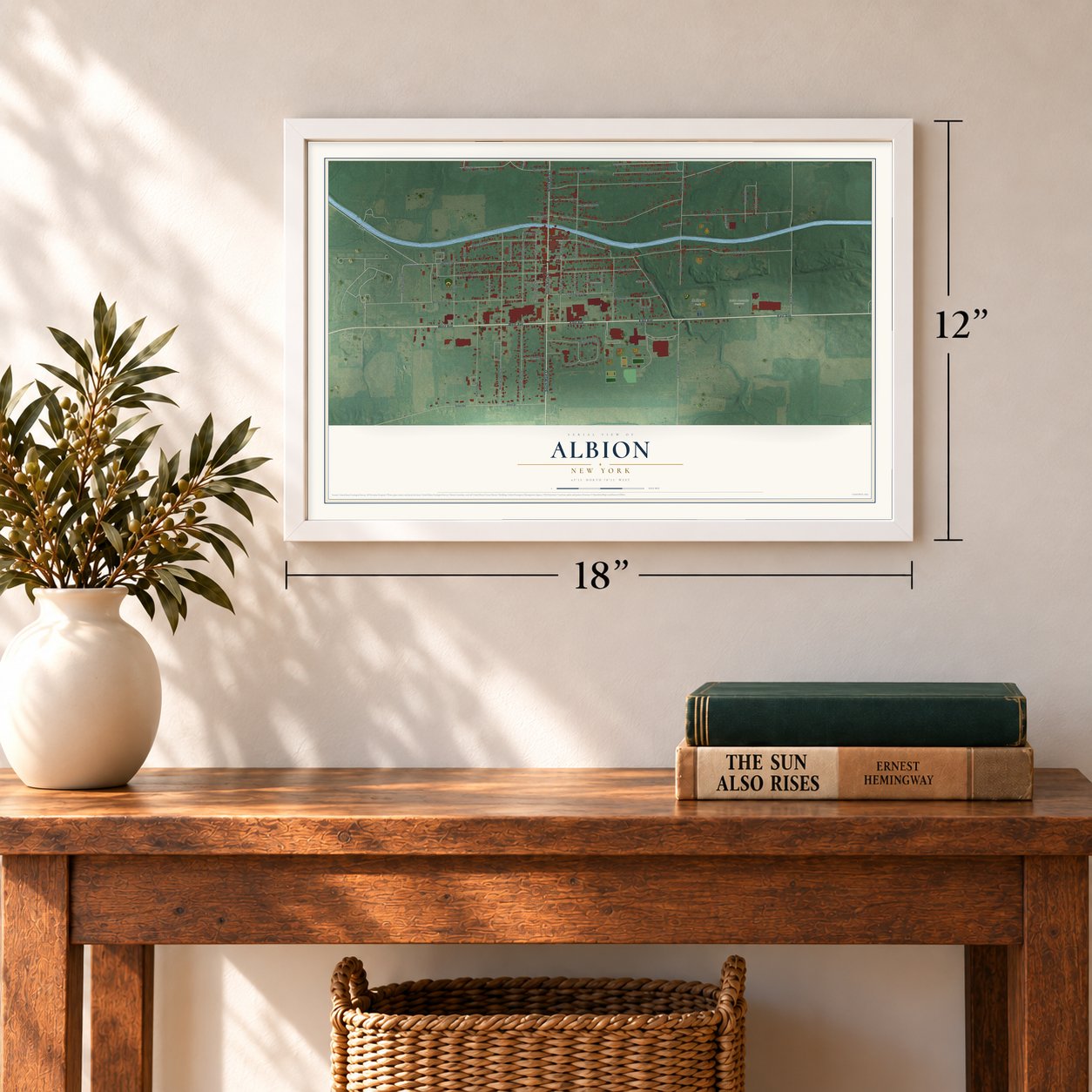 Albion, New York map, 12 x 18 inch print in a white frame in an entryway