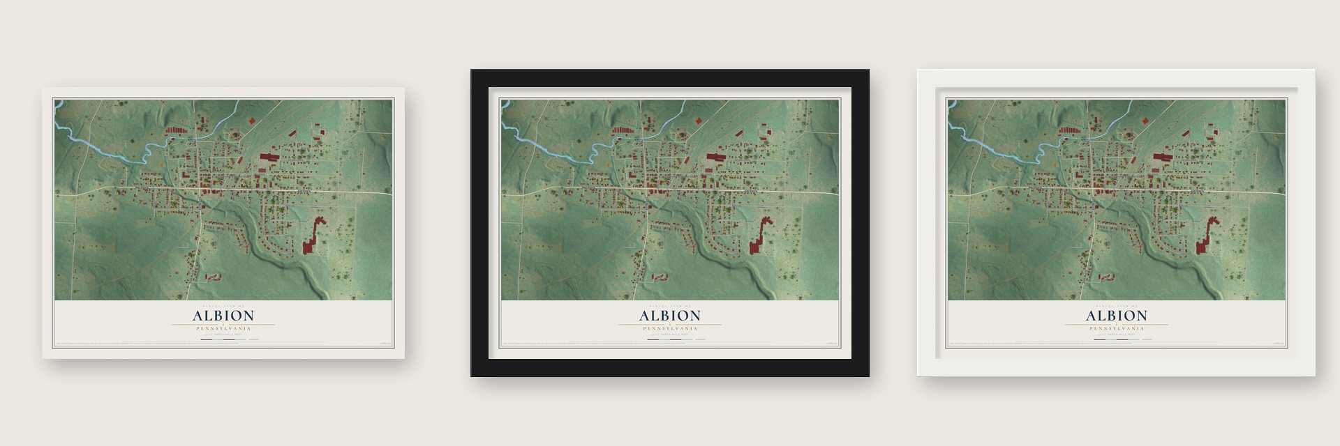 Albion, Pennsylvania map unframed, in a black wood frame and in a white wood frame