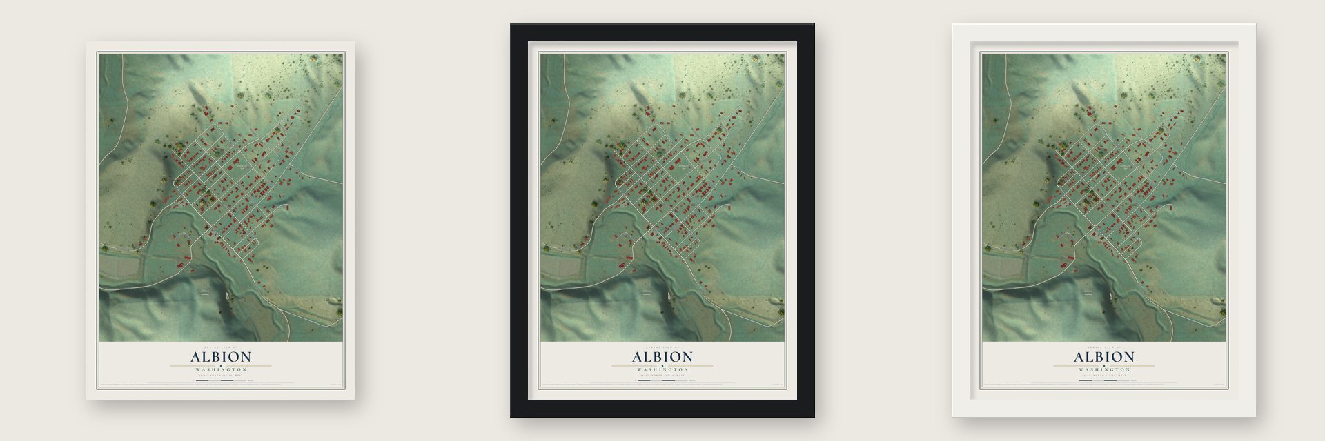 Albion, Washington map unframed, in a black wood frame and in a white wood frame