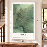 Albion, Washington map, 24 x 36 inch print in a white frame by a staircase