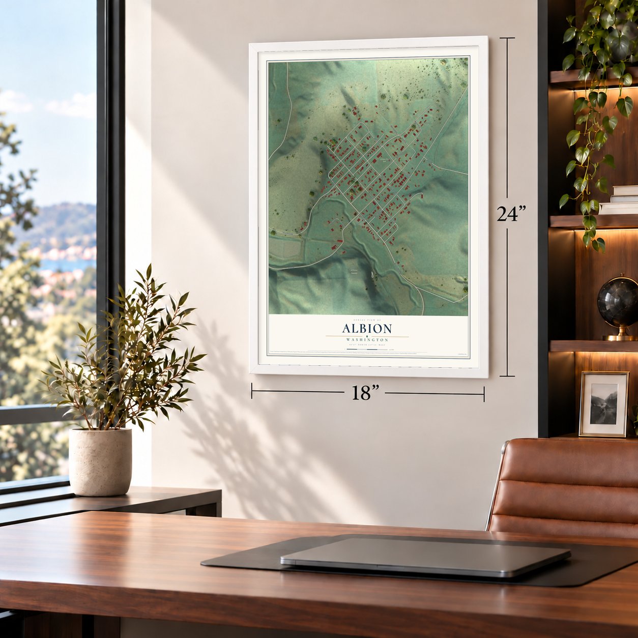 Albion, Washington map, 18 x 24 inch print in a white frame in a home office