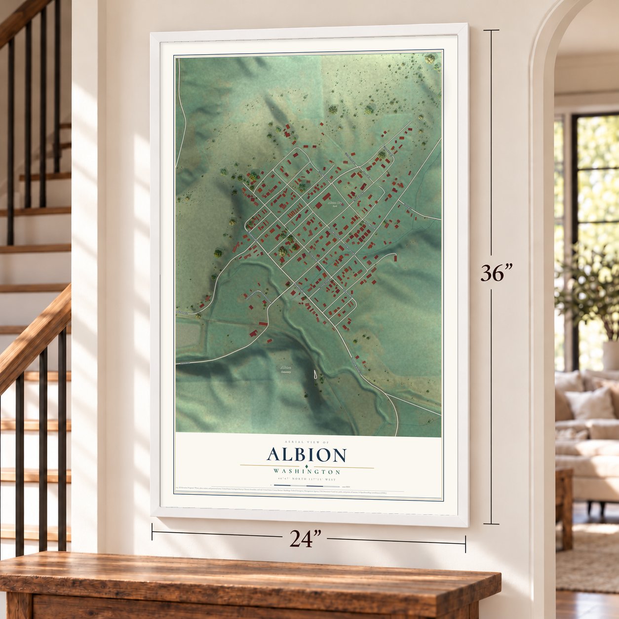 Albion, Washington map, 24 x 36 inch print in a white frame by a staircase