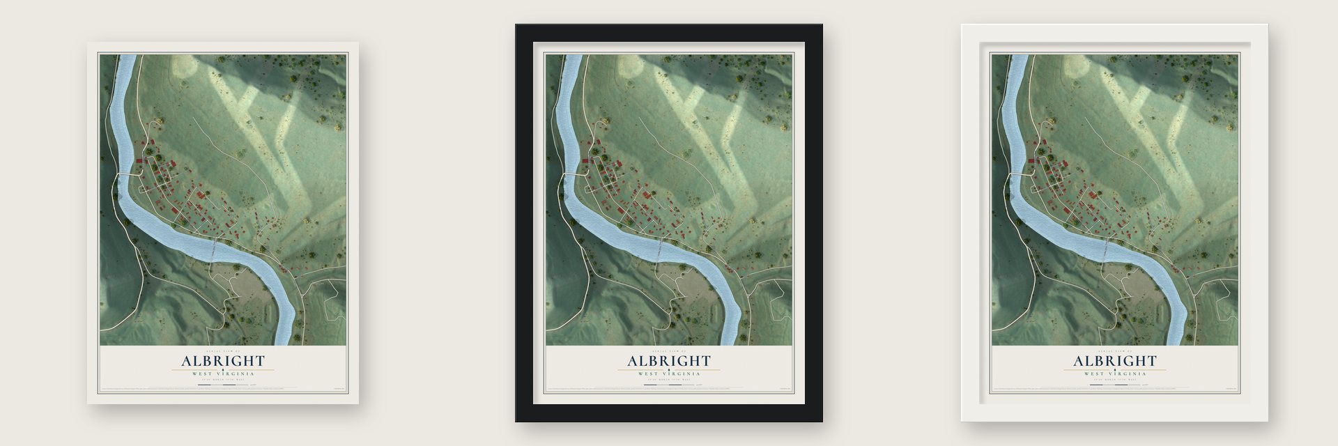 Albright, West Virginia map unframed, in a black wood frame and in a white wood frame
