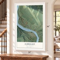 Albright, West Virginia map, 24 x 36 inch print in a white frame by a staircase
