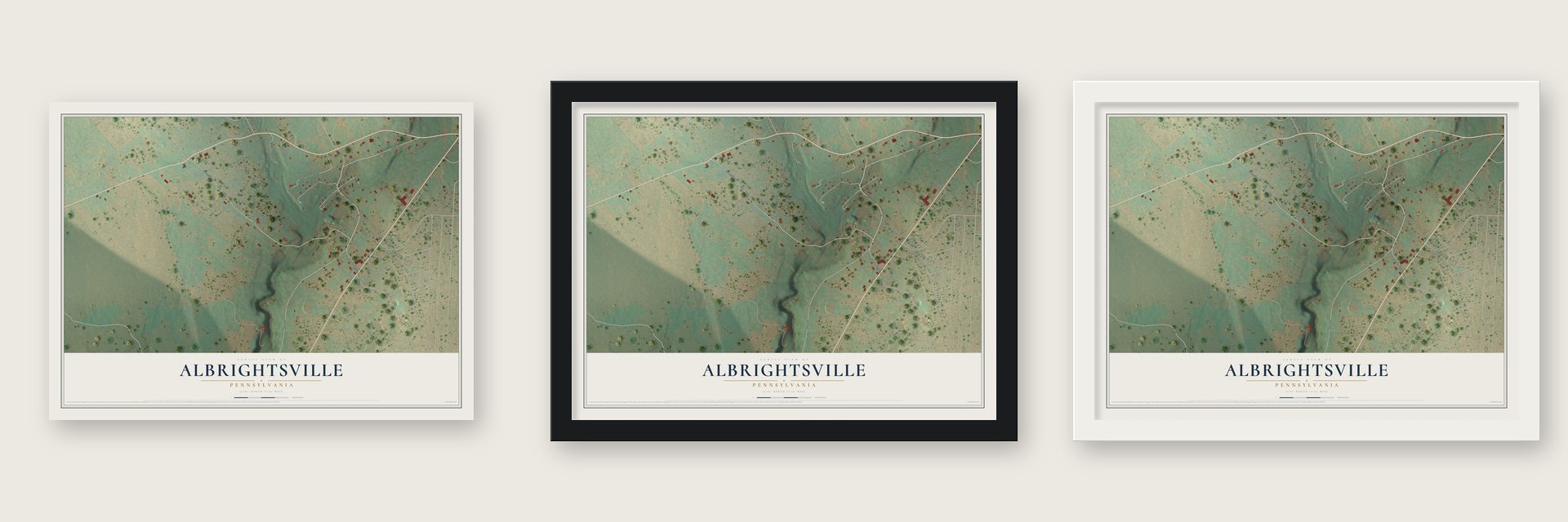 Albrightsville, Pennsylvania map unframed, in a black wood frame and in a white wood frame