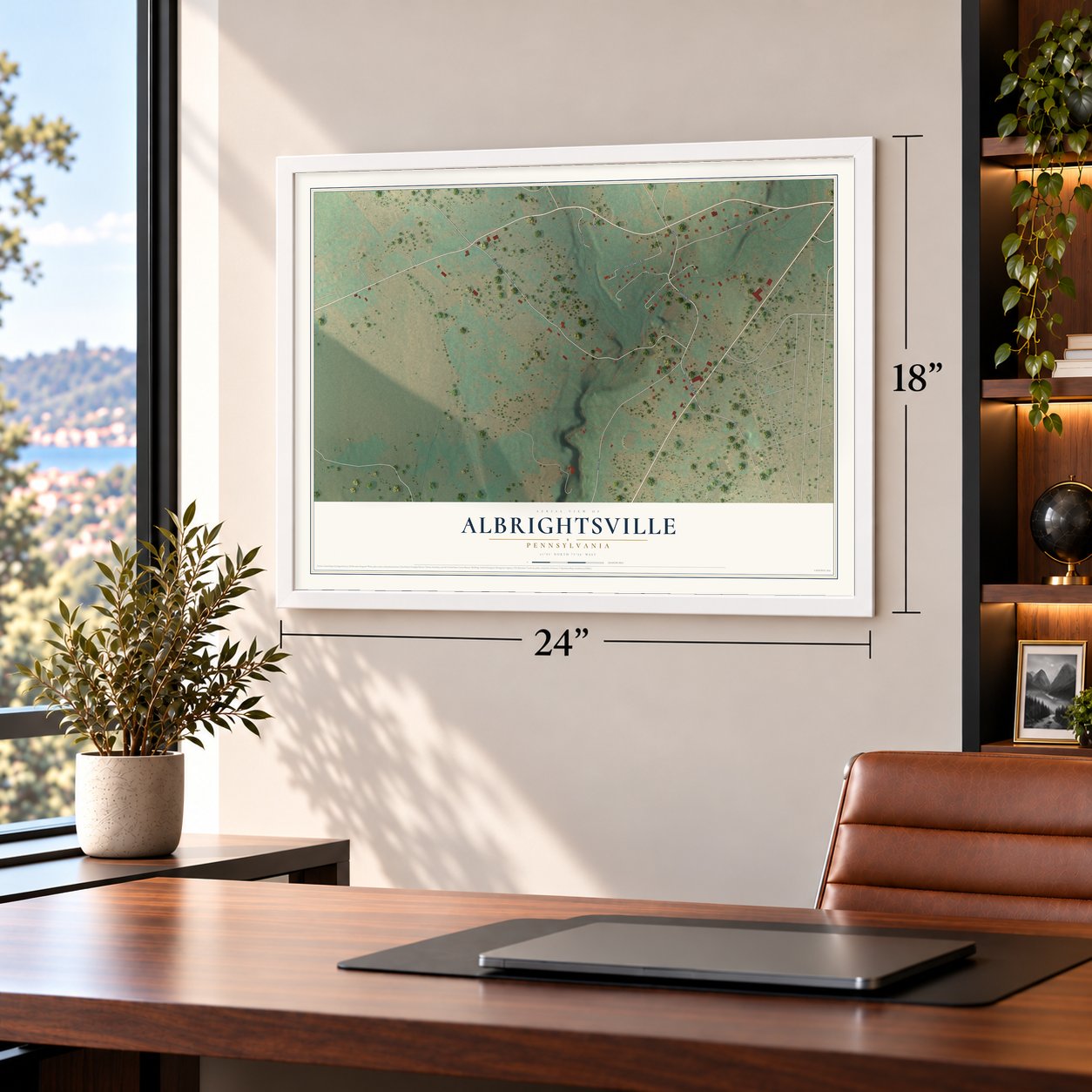 Albrightsville, Pennsylvania map, 18 x 24 inch print in a white frame in a home office