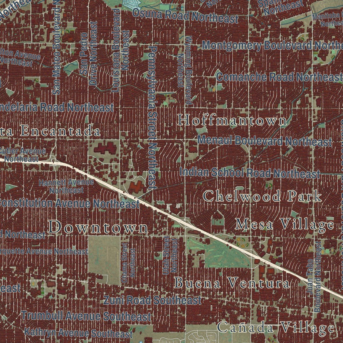 Second close-up of the map of Albuquerque, New Mexico print showing more streets and buildings