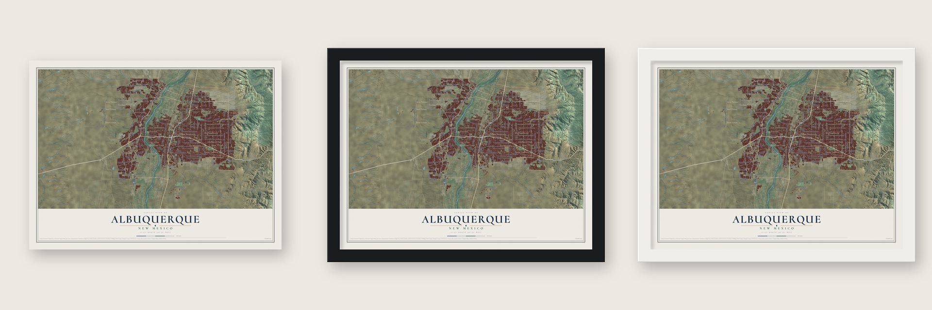 Albuquerque, New Mexico map unframed, in a black wood frame and in a white wood frame