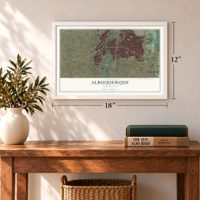 Albuquerque, New Mexico map, 12 x 18 inch print in a white frame in an entryway