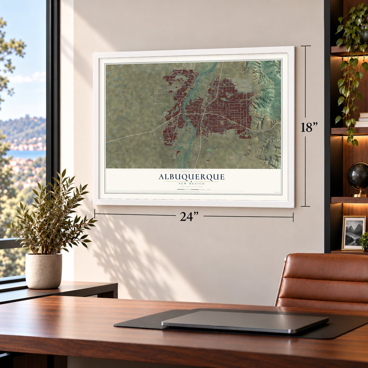 Albuquerque, New Mexico map, 18 x 24 inch print in a white frame in a home office